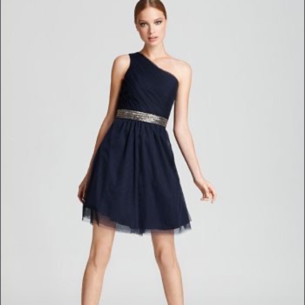 One shoulder blue dress with sequin embellishment